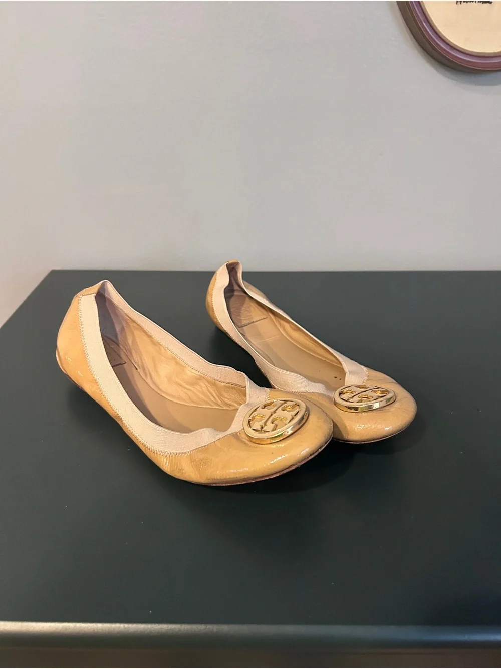 Tory Burch Patent Leather Ballet Flats in Tan with Cream Trim